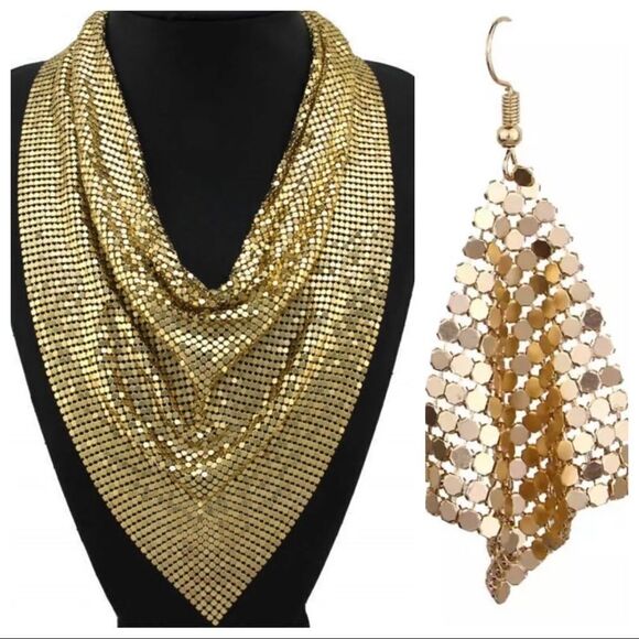 METAL MESH STATEMENT NECKLACE SET GOLDTONE - Picture 1 of 5